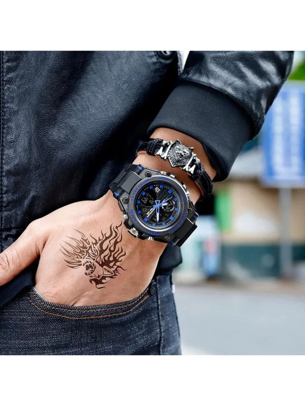 Men's Black Blue Analog Quartz Sports Outdoor Waterproof Military Digital Watch